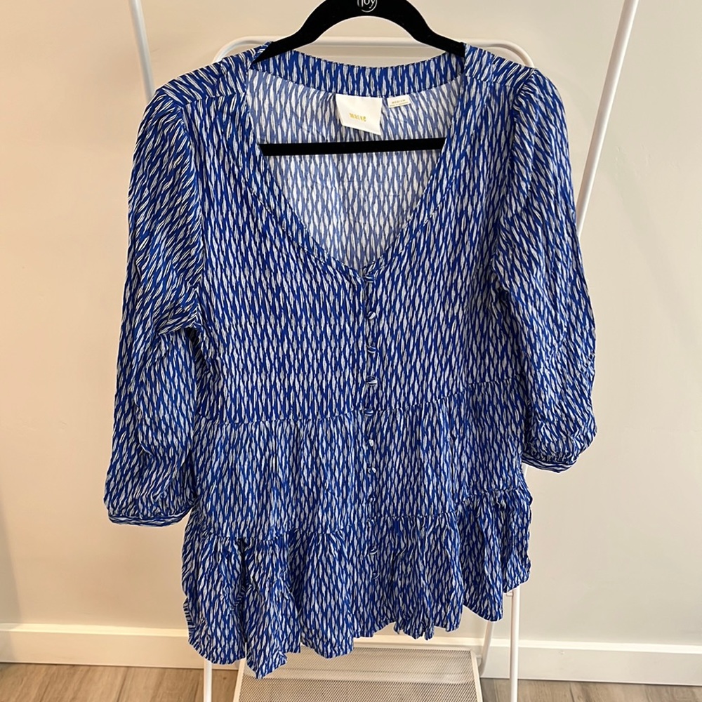 Maeve Blue Geometric Pattern 3/4 Sleeve Peplum Blouse